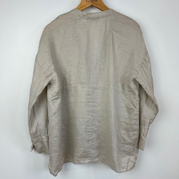 Zara Women's Small Beige Grey Linen Blend Long Sleeve Button Down Shirt Peasant - Picture 10 of 11